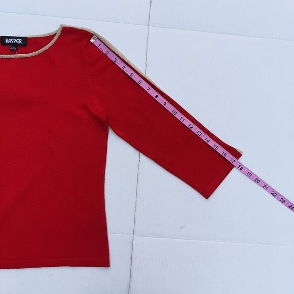 Kasper Stretchy Crop Sweater Knitted Top Red with Tan Accent 3/4 Sleeve Size M - Picture 8 of 13